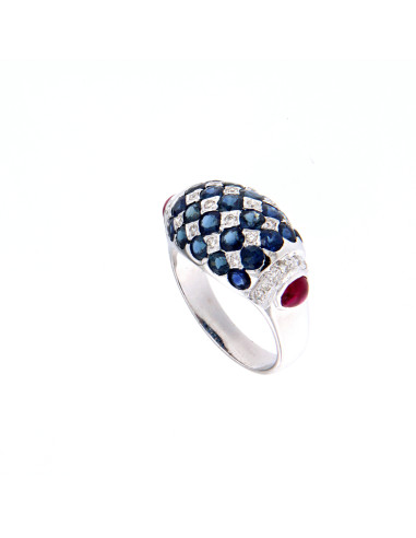 SOPRANA collection SAPPHIRE ring in white gold, 0.25 ct diamonds, 3.73 ct sapphires and 0.87 ct rubies