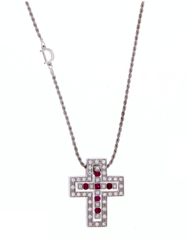 Damiani Belle Epoque WHITE GOLD, DIAMOND (ct 0.28) AND RUBY (ct 0.42) CROSS NECKLACE Ref: 20073459