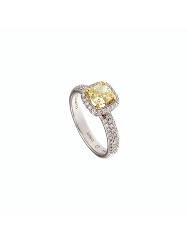 DAMIANI MINOU anello in oro bianco con diamante FANCY colore giallo Taglio CUSCINO 1.02 ct FULL PAVE