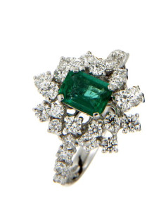 DAMIANI MIMOSA anello in oro bianco, smeraldo 0.80 ct e diamanti ct 1.04 GH