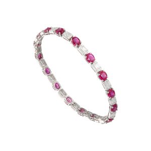 Bracciale Tennis Crivelli con Rubini 6.50 ct e Diamanti Baguette, Princess e Brillante 2.08 ct G VS in Oro Bianco