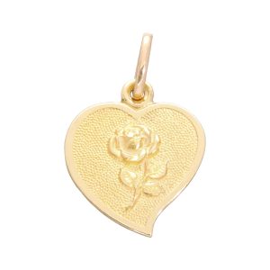 Pendente a forma di cuore con rosa in oro 1ìgiallo 18 carati e "Amor di figlio per sempre avrai"